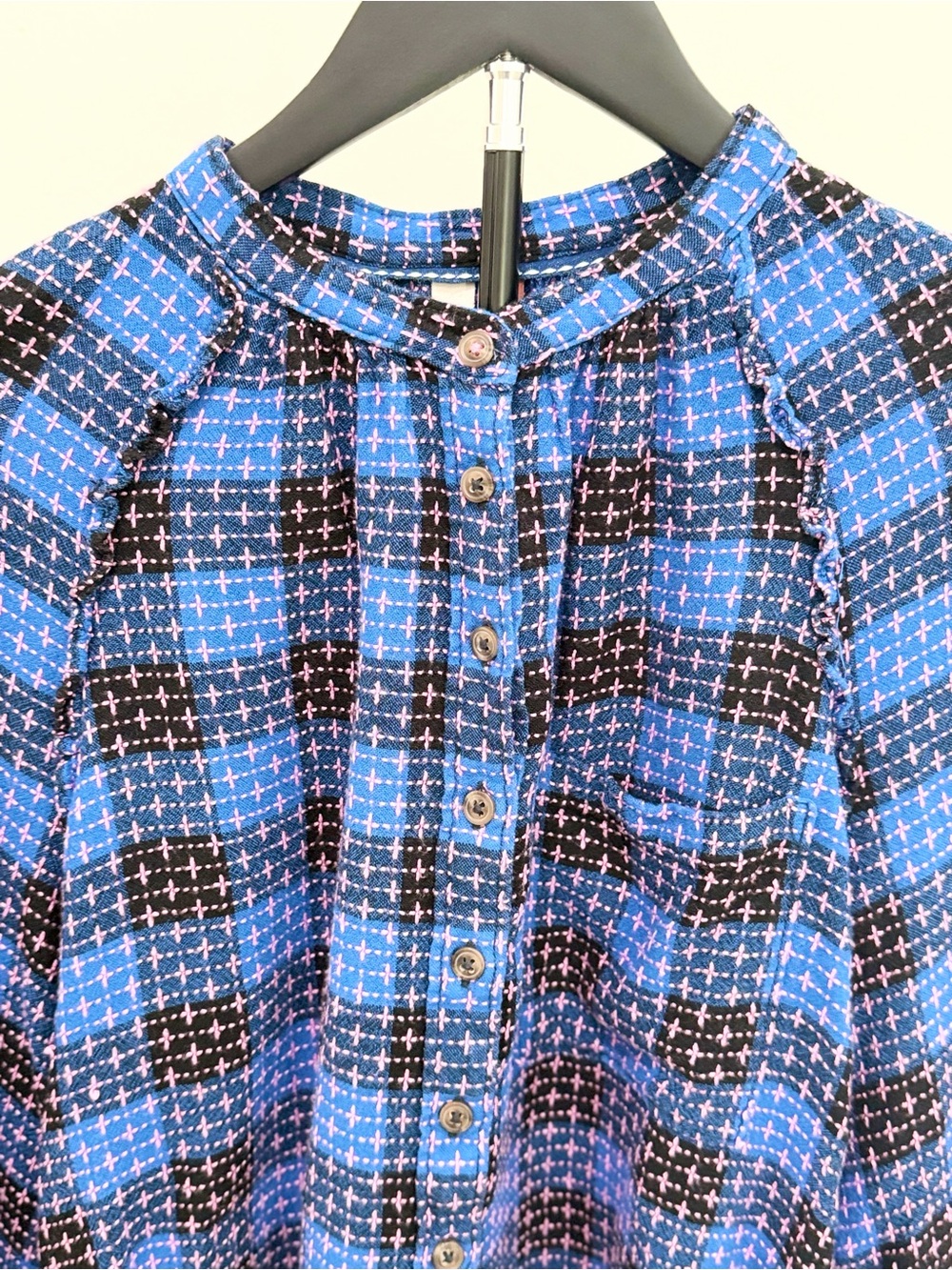 Pilcro Anthropologie Blue Black Pink Wool Blend Plaid Blouse Boho Academia - Picture 10 of 11